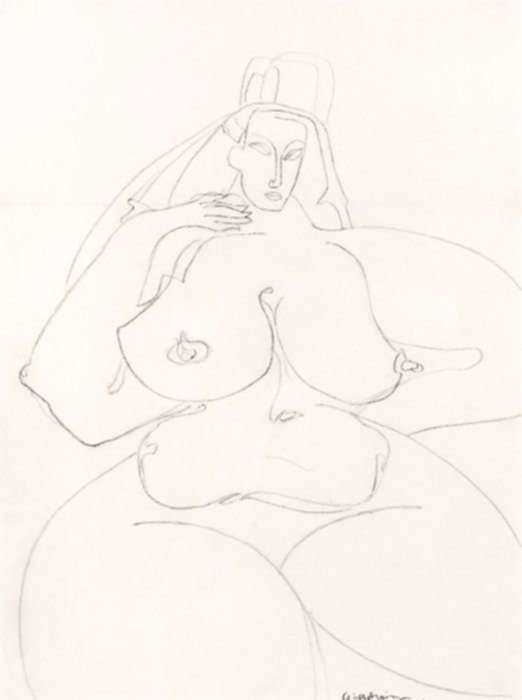 Drawing by Gaston Lachaise: Seated Nude with Headdress, represented by Childs Gallery