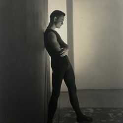 Photograph by George Platt Lynes: [Chuck Howard in Bodysuit Against a Wall], available at Childs Gallery, Boston