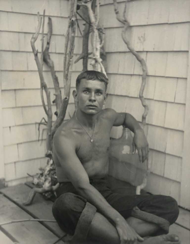 Photograph by George Platt Lynes: [Chuck Howard Sitting], available at Childs Gallery, Boston