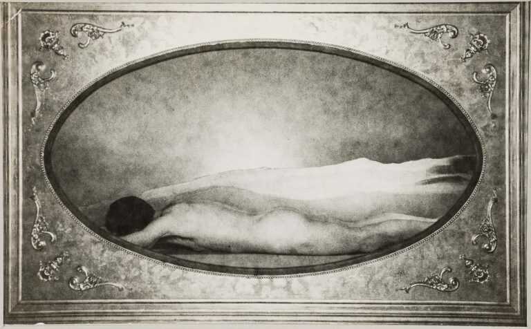 Photograph by George Platt Lynes: Nude Reclining, Mel Fillini, in Cartouche, available at Childs Gallery, Boston