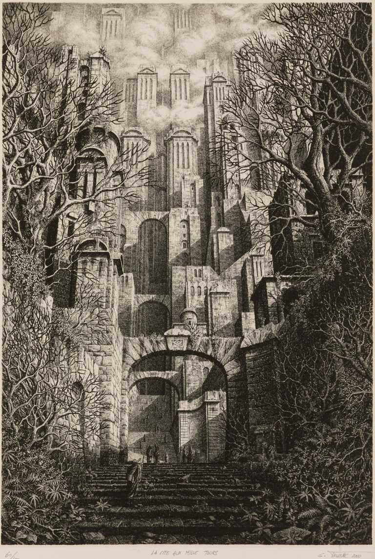 Print by Gérard Trignac: La Cite aux Mille Tours, available at Childs Gallery, Boston