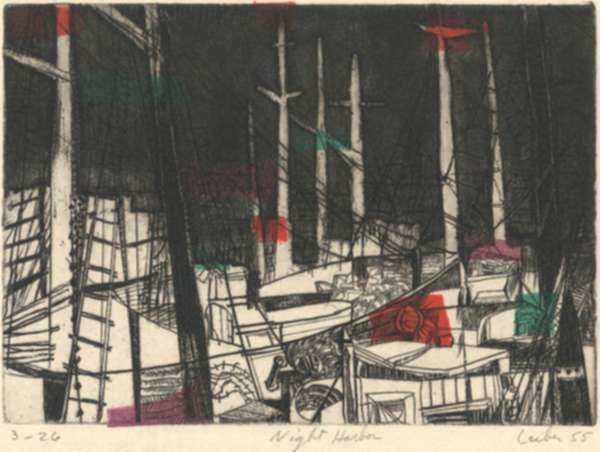 Print by Gerson August Leiber: Night Harbor, represented by Childs Gallery