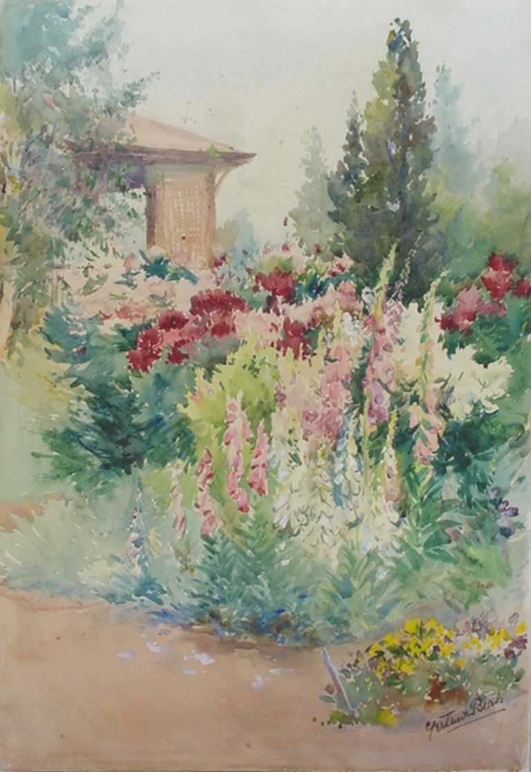 Watercolor by Gertrude Beals Bourne: A June Garden, available at Childs Gallery, Boston