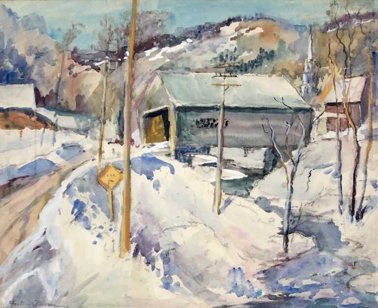 Watercolor by Gertrude Beals Bourne: Covered Bridge, VT, available at Childs Gallery, Boston