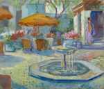 Watercolor by Gertrude Beals Bourne: Fountain with Orange Umbrella, available at Childs Gallery, Boston
