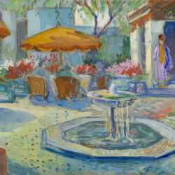 Watercolor by Gertrude Beals Bourne: Fountain with Orange Umbrella, available at Childs Gallery, Boston