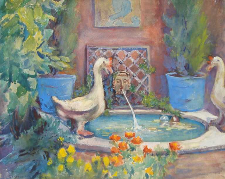 Watercolor by Gertrude Beals Bourne: In a Beacon Hill Garden, Springtime, available at Childs Gallery, Boston