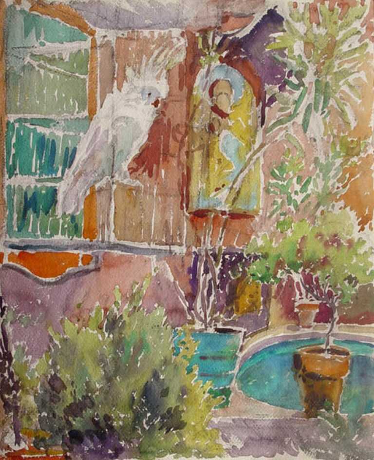 Watercolor by Gertrude Beals Bourne: [Sir Harry the Cockatoo in the Garden at 130 Mount Vernon Street], available at Childs Gallery, Boston