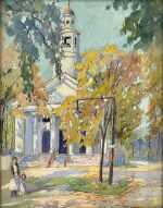 Watercolor by Gertrude Beals Bourne: South Green Church, Ipswich, available at Childs Gallery, Boston