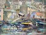 Watercolor by Gertrude Beals Bourne: Yellow Striped Boat (Gloucester, MA), available at Childs Gallery, Boston