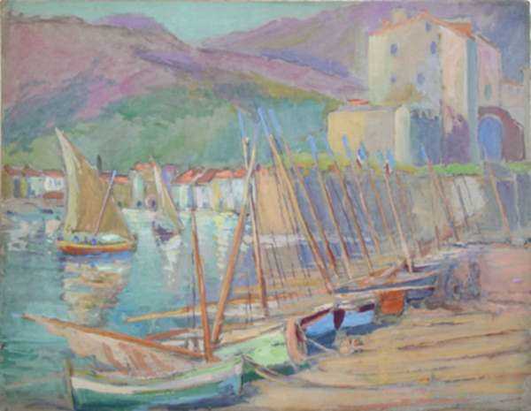 Watercolor by Gertrude Beals Bourne: [Boat Masts, Collioure, France], represented by Childs Gallery