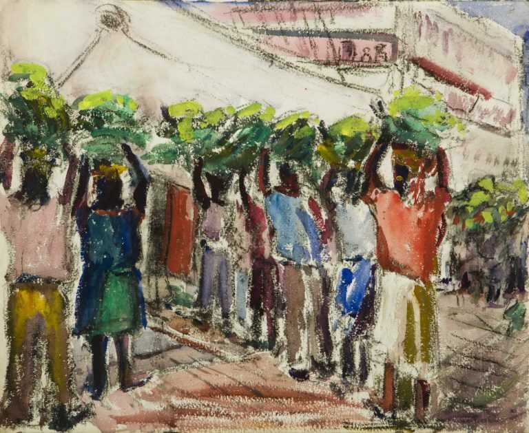 Watercolor By Gertrude Beals Bourne: Baskets On Heads At Childs Gallery