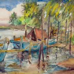 Watercolor By Gertrude Beals Bourne: Boat With Red Roof At Childs Gallery