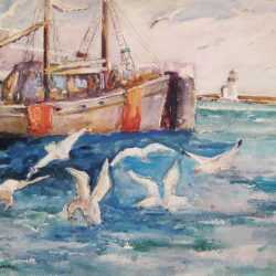 Watercolor By Gertrude Beals Bourne: Boats And Seagulls At Childs Gallery