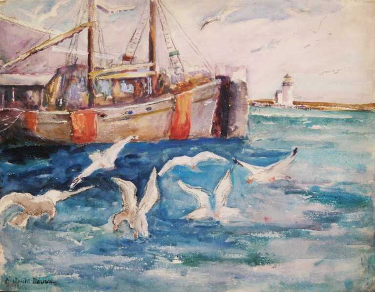 Watercolor By Gertrude Beals Bourne: Boats And Seagulls At Childs Gallery
