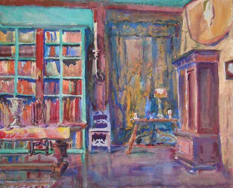 Watercolor By Gertrude Beals Bourne: Bookshelves At Childs Gallery