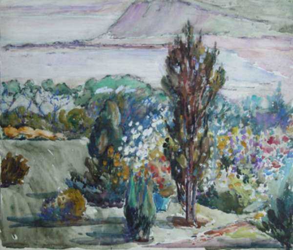 Watercolor by Gertrude Beals Bourne: Crane Estate Gardens, represented by Childs Gallery