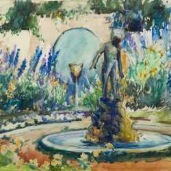 Watercolor By Gertrude Beals Bourne: Dog Fountain And Garden At Childs Gallery