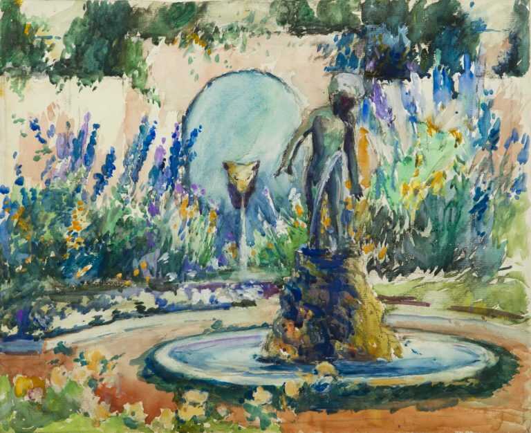 Watercolor By Gertrude Beals Bourne: Dog Fountain And Garden At Childs Gallery