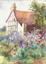 Watercolor by Gertrude Beals Bourne: Garden in Slottery - Larkspur and Poppies, represented by Childs Gallery