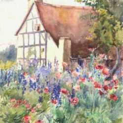 Watercolor by Gertrude Beals Bourne: Garden in Slottery - Larkspur and Poppies, represented by Childs Gallery