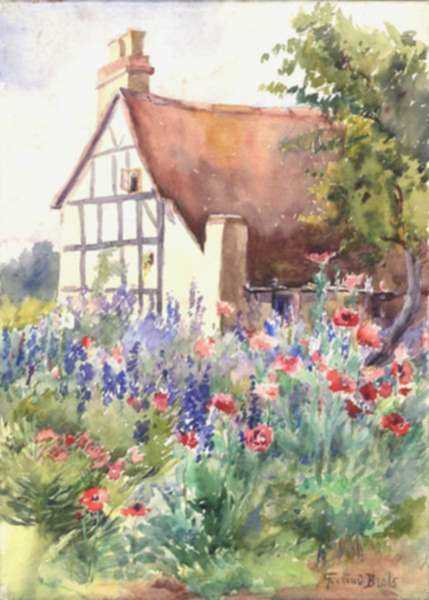 Watercolor by Gertrude Beals Bourne: Garden in Slottery - Larkspur and Poppies, represented by Childs Gallery