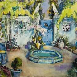 Watercolor By Gertrude Beals Bourne: Garden With Cockatoos At Childs Gallery