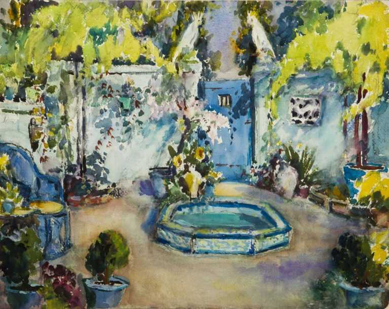 Watercolor By Gertrude Beals Bourne: Garden With Cockatoos At Childs Gallery