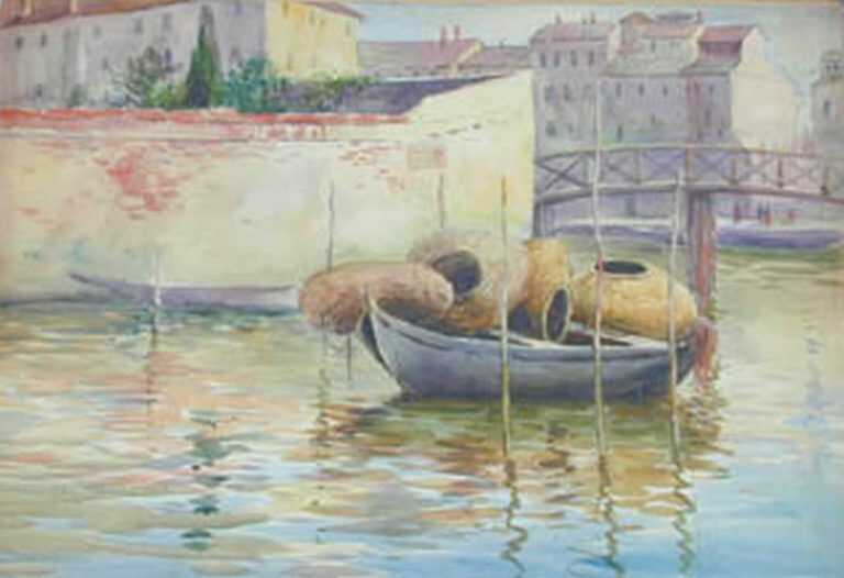 Watercolor By Gertrude Beals Bourne: Lobster Pots Brittany, France At Childs Gallery