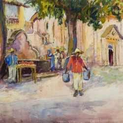 Watercolor By Gertrude Beals Bourne: Man Carrying Water, Caribbean At Childs Gallery