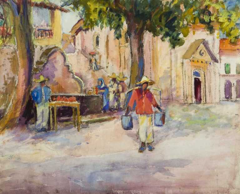 Watercolor By Gertrude Beals Bourne: Man Carrying Water, Caribbean At Childs Gallery