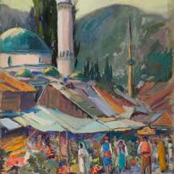 Watercolor By Gertrude Beals Bourne: Market Scene With Minaret, Sarajevo At Childs Gallery