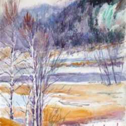 Watercolor by Gertrude Beals Bourne: Mt. Winthrop and Moses Ledge, Androscoggin River, Shelburne,, represented by Childs Gallery