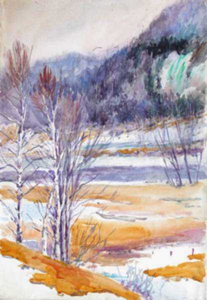 Watercolor by Gertrude Beals Bourne: Mt. Winthrop and Moses Ledge, Androscoggin River, Shelburne,, represented by Childs Gallery