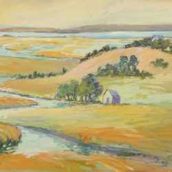 Watercolor By Gertrude Beals Bourne: Orange Marshlands At Childs Gallery