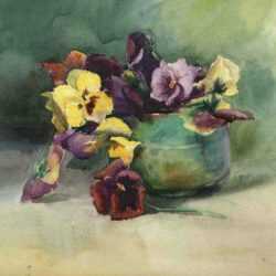 Watercolor by Gertrude Beals Bourne: Pansies, represented by Childs Gallery