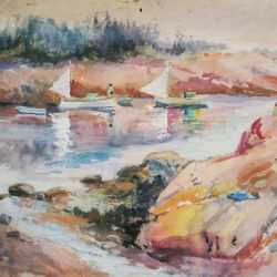 Watercolor By Gertrude Beals Bourne: Sailboats, Corea Harbor, Maine At Childs Gallery