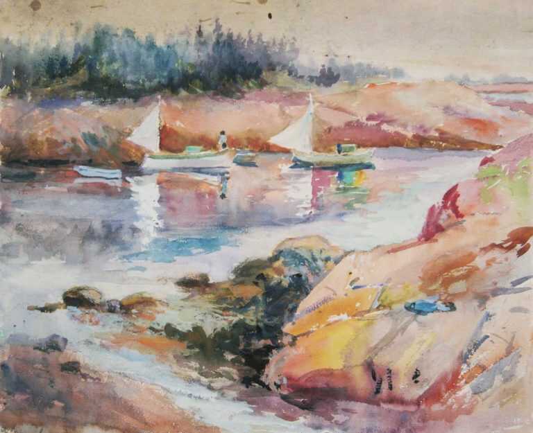 Watercolor By Gertrude Beals Bourne: Sailboats, Corea Harbor, Maine At Childs Gallery