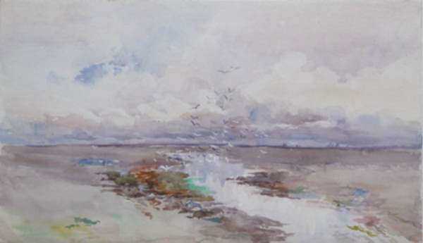 Watercolor by Gertrude Beals Bourne: Seagulls and Tidal Flats, represented by Childs Gallery