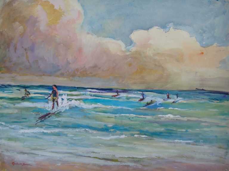 Watercolor By Gertrude Beals Bourne: Surfing, Waikiki, Hawaii At Childs Gallery