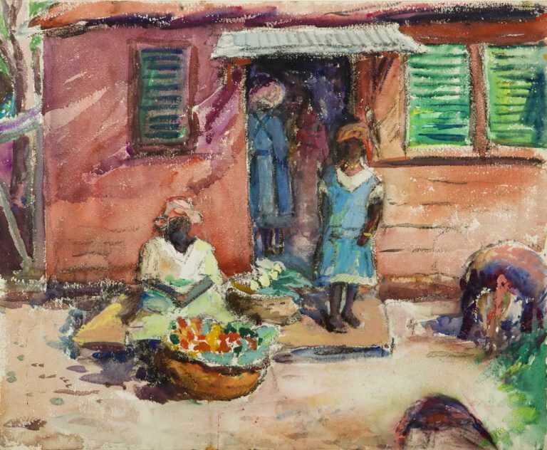 Watercolor By Gertrude Beals Bourne: Three Women And Pink House At Childs Gallery