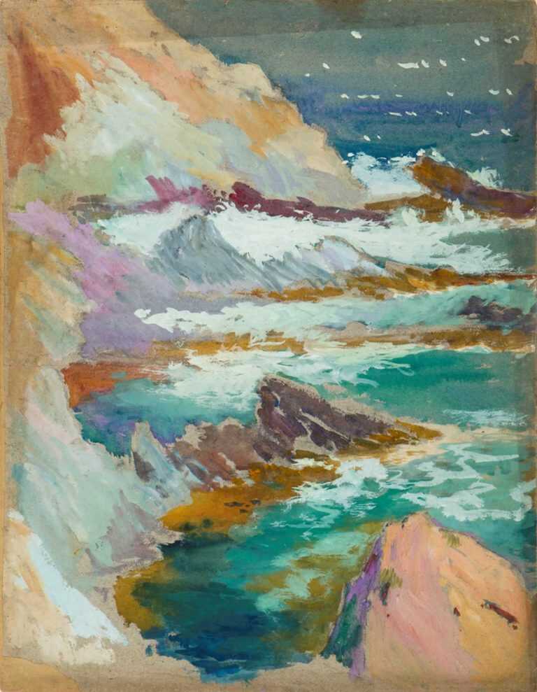 Watercolor By Gertrude Beals Bourne: Waves And Rocks At Childs Gallery