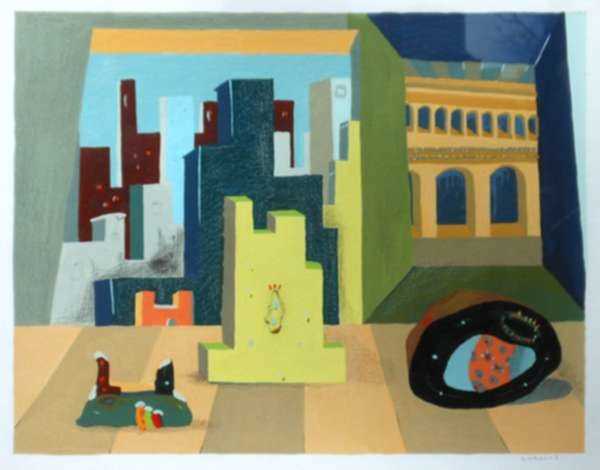 Watercolor by Giles Laroche: City Arrangement with Di Chirico, represented by Childs Gallery