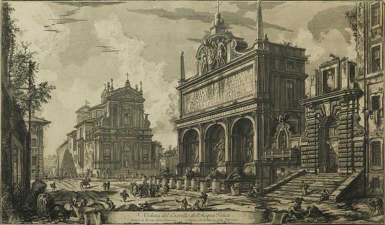 Print by Giovanni Battista Piranesi: Veduta del Castello dell’ Acqua Felice, available at Childs Gallery, Boston