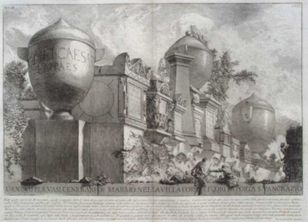 Print by Giovanni Battista Piranesi: Urne, cippi, e vasi cenerari di marmo nella Villa Corsini (U, represented by Childs Gallery