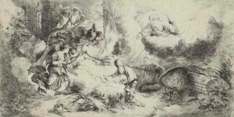 Print by Giovanni Benedetto Castiglione: The Nativity with God the Father and Angels, represented by Childs Gallery