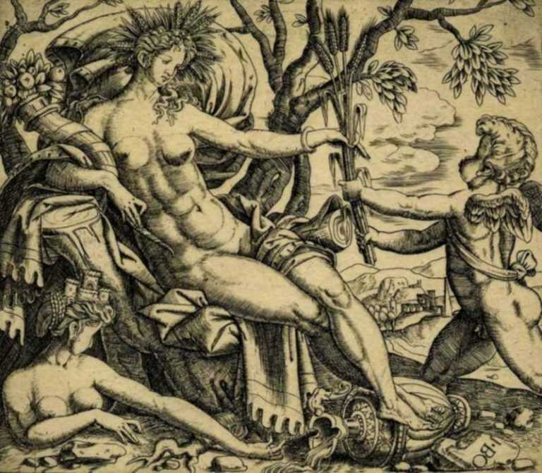 Print by Giulio di Antonio Bonasone: Allegory of the Earth [A Putto Presenting Grain to Ceres], represented by Childs Gallery