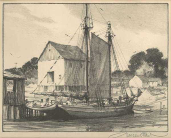 Print by Gordon Grant: [Boat House on Beach], represented by Childs Gallery