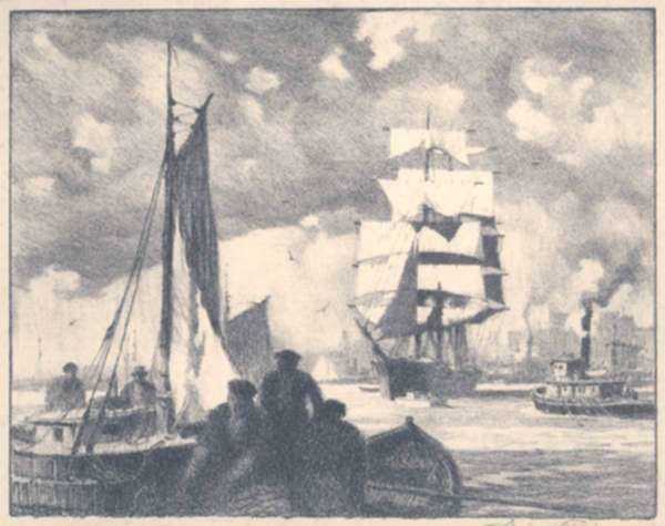 Print by Gordon Grant: Harbor Traffic, represented by Childs Gallery