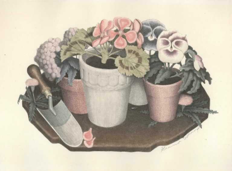 Print By Grant Wood: Tame Flowers At Childs Gallery